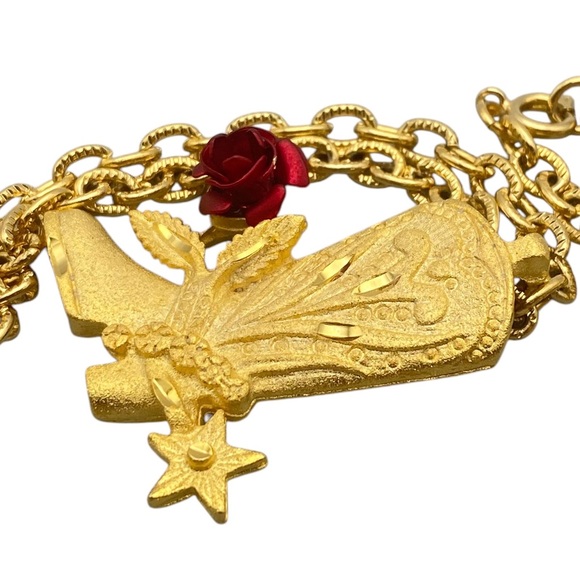 Country Western Style Cowboy Boot w/Rose Pendant Necklace Gold-Tone - Picture 7 of 10